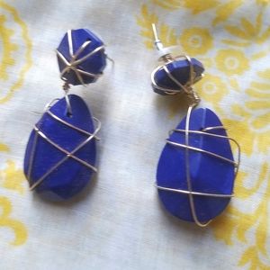 gold blue acrylic stonelike earrings